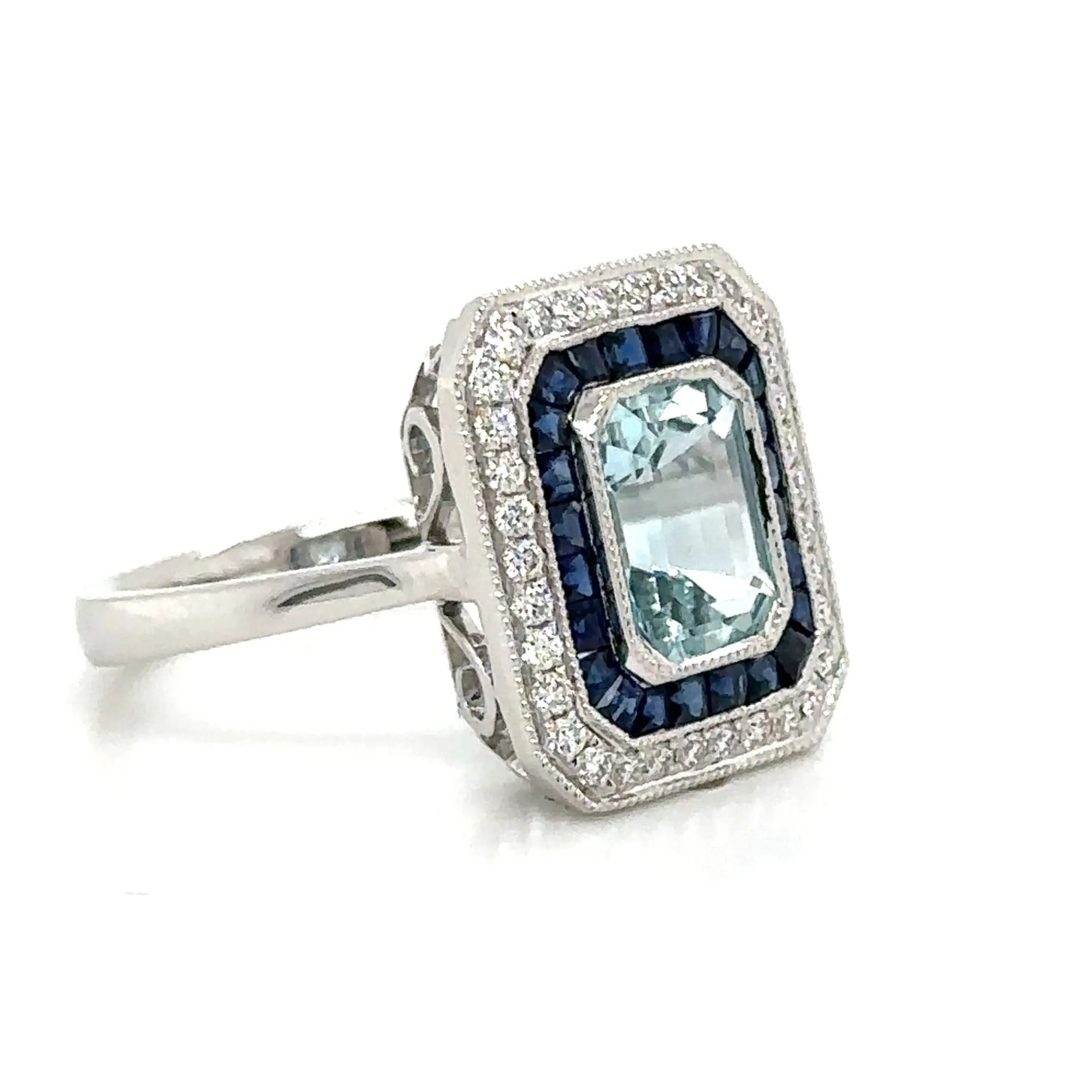 2.22ct tw Aquamarine, Sapphire and Diamond Art - Deco Style Octagon Ring