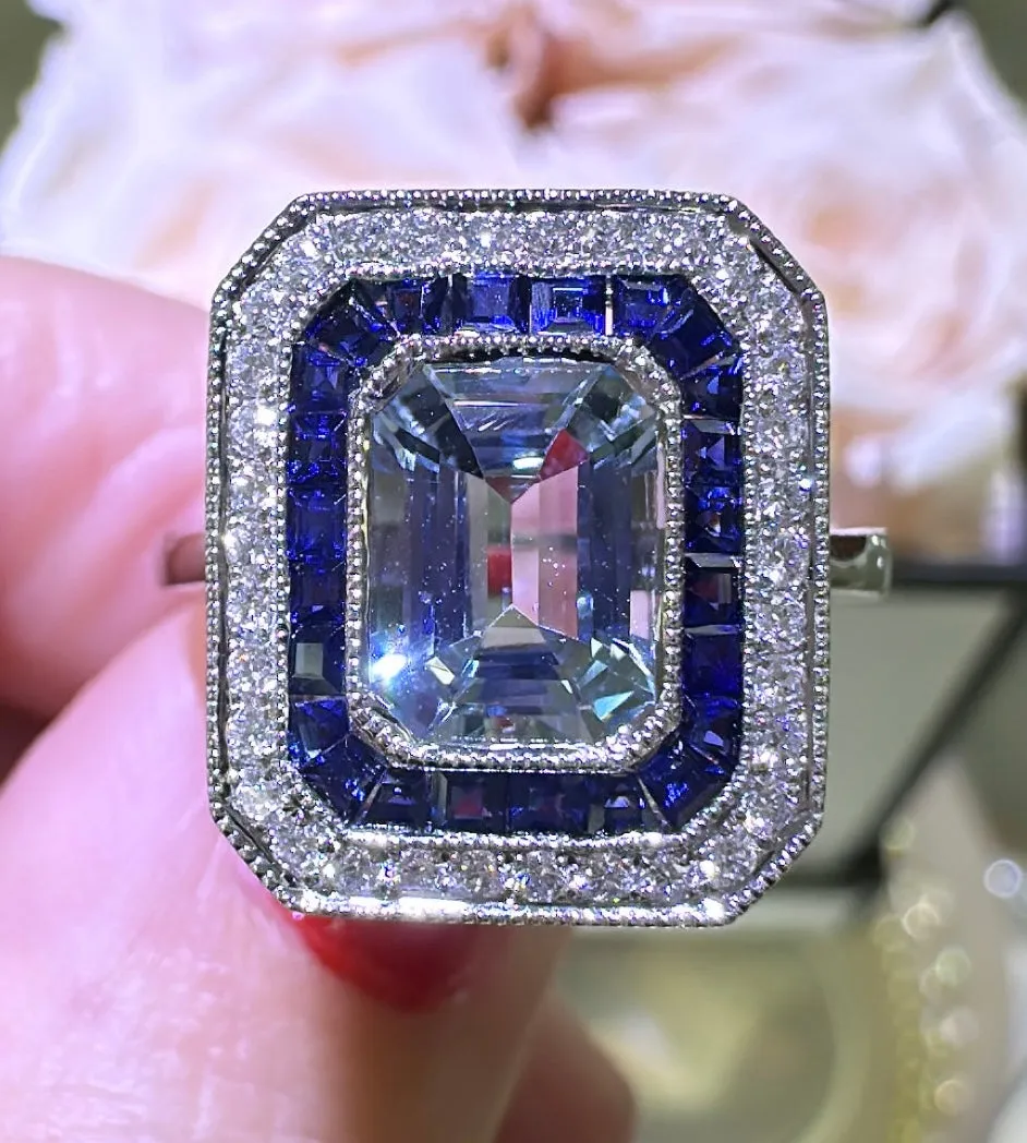 2.22ct tw Aquamarine, Sapphire and Diamond Art - Deco Style Octagon Ring