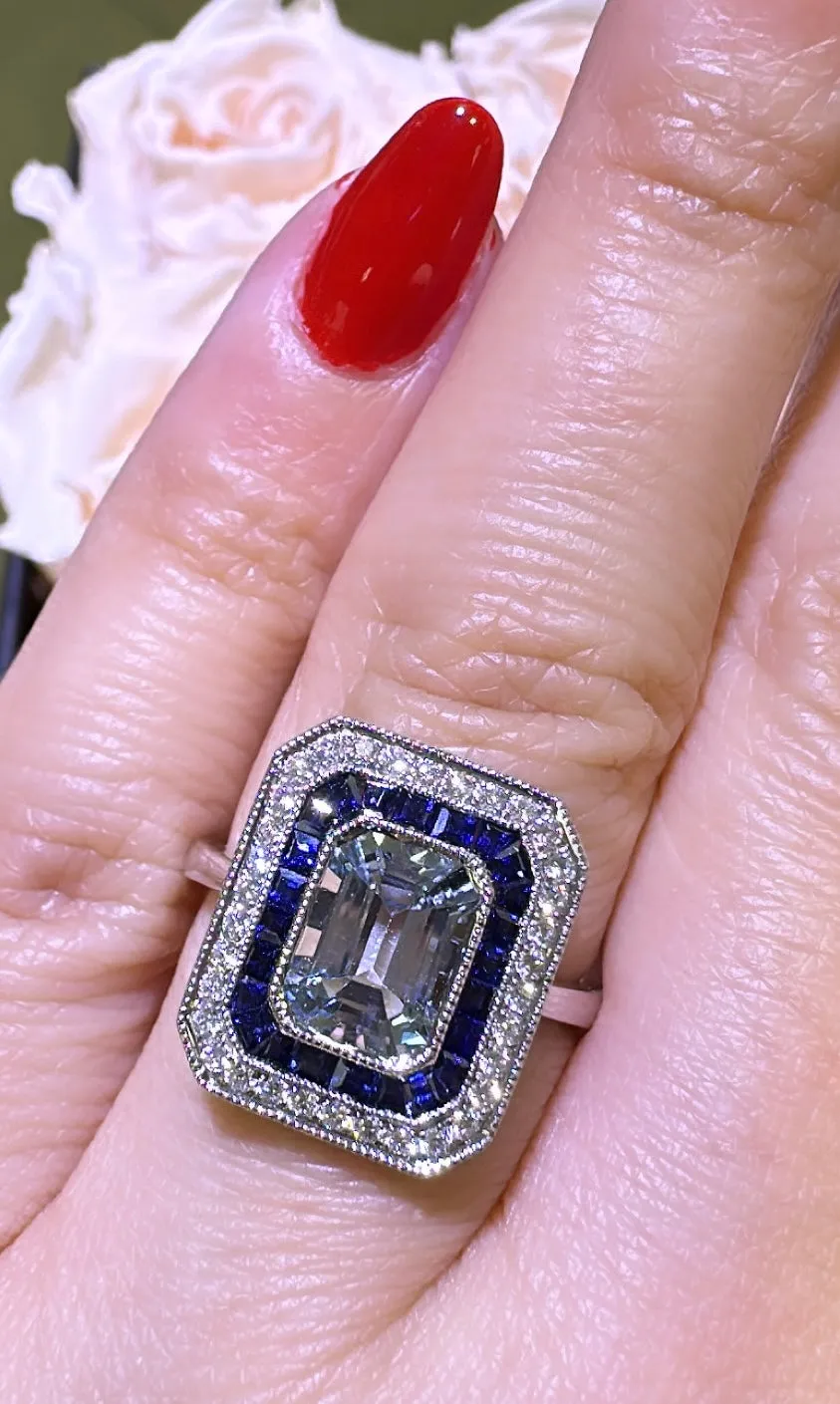2.22ct tw Aquamarine, Sapphire and Diamond Art - Deco Style Octagon Ring