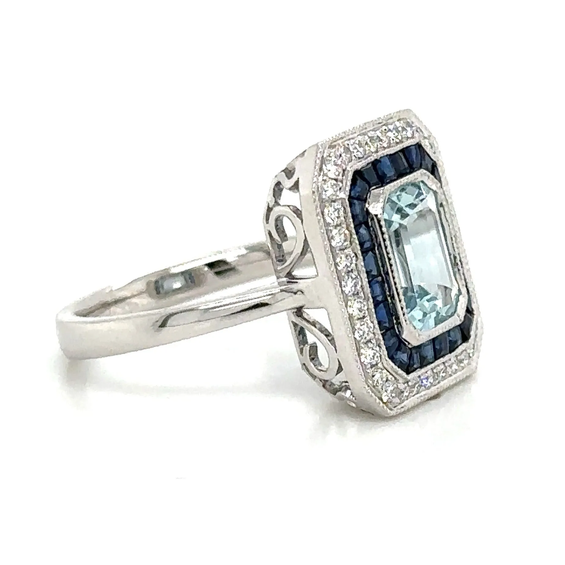 2.22ct tw Aquamarine, Sapphire and Diamond Art - Deco Style Octagon Ring