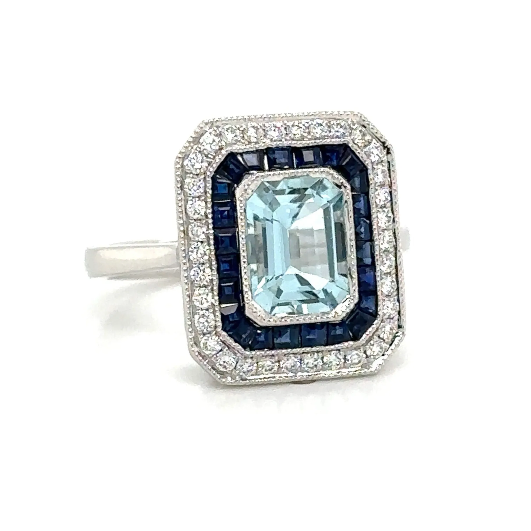 2.22ct tw Aquamarine, Sapphire and Diamond Art - Deco Style Octagon Ring