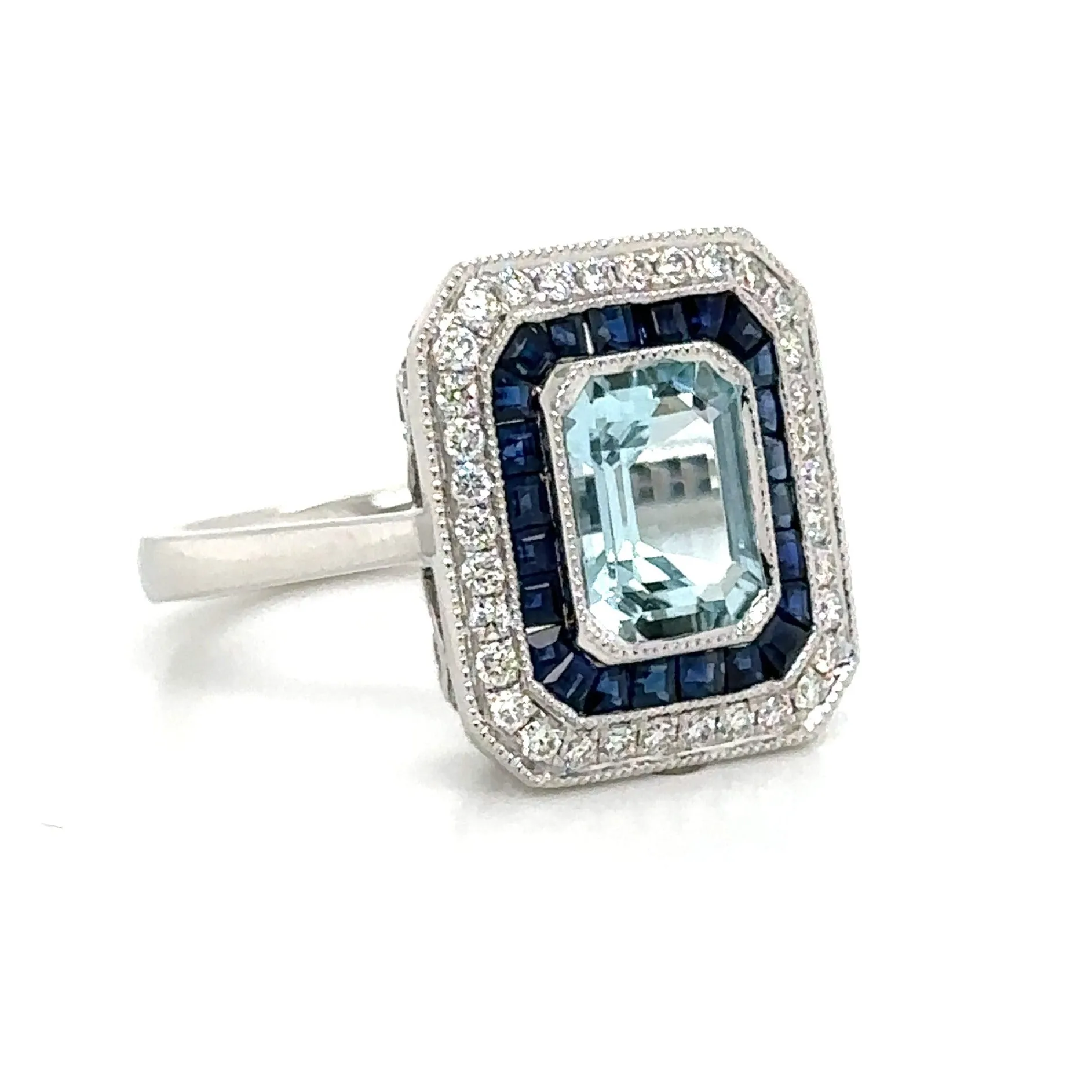 2.22ct tw Aquamarine, Sapphire and Diamond Art - Deco Style Octagon Ring