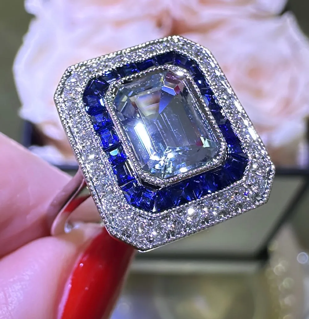 2.22ct tw Aquamarine, Sapphire and Diamond Art - Deco Style Octagon Ring