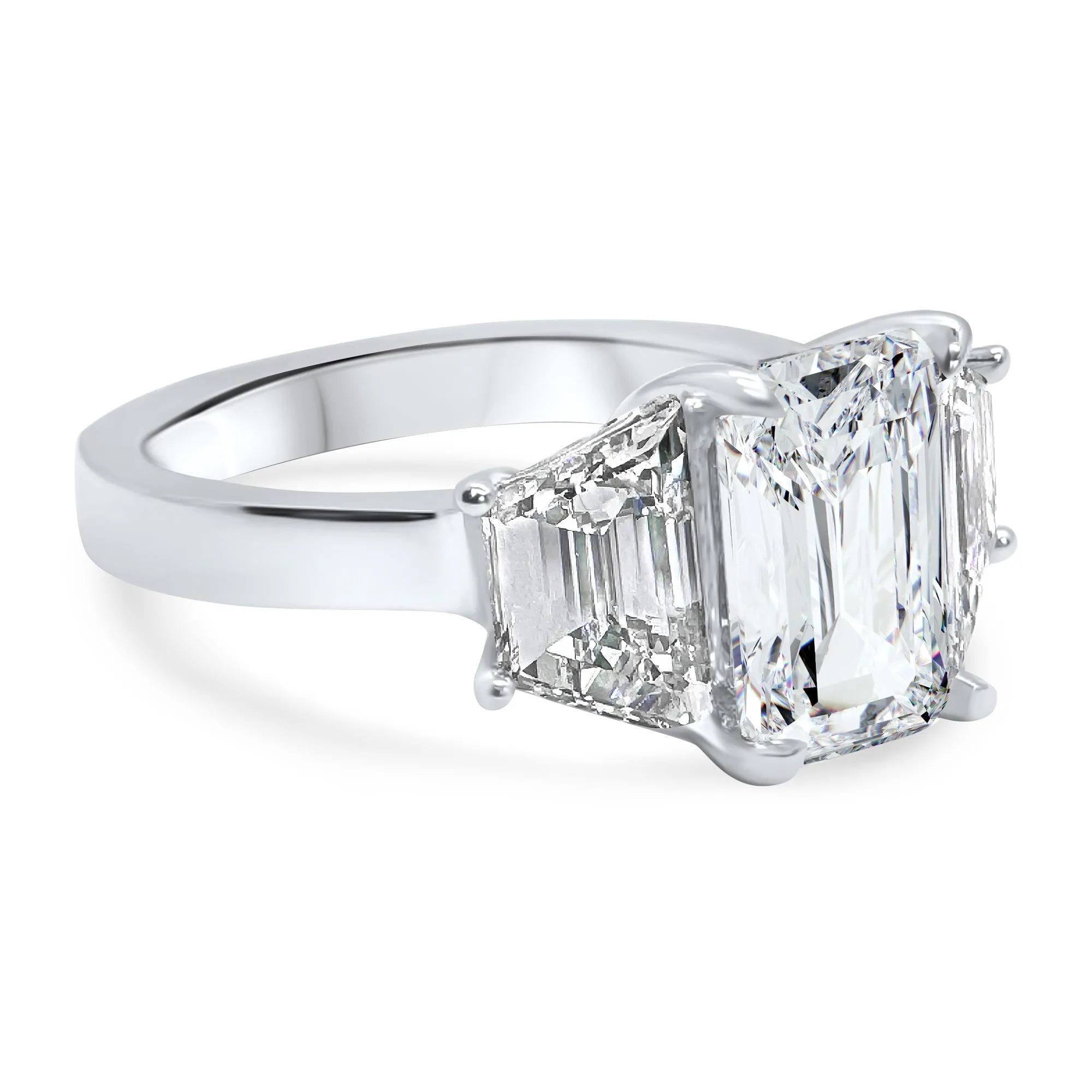 3 Carat Emerald Cut and Trapezoid Diamond 3-Stone Engagement Ring | 14k White, Rose, or Yellow Gold | IGI Certified E VS1