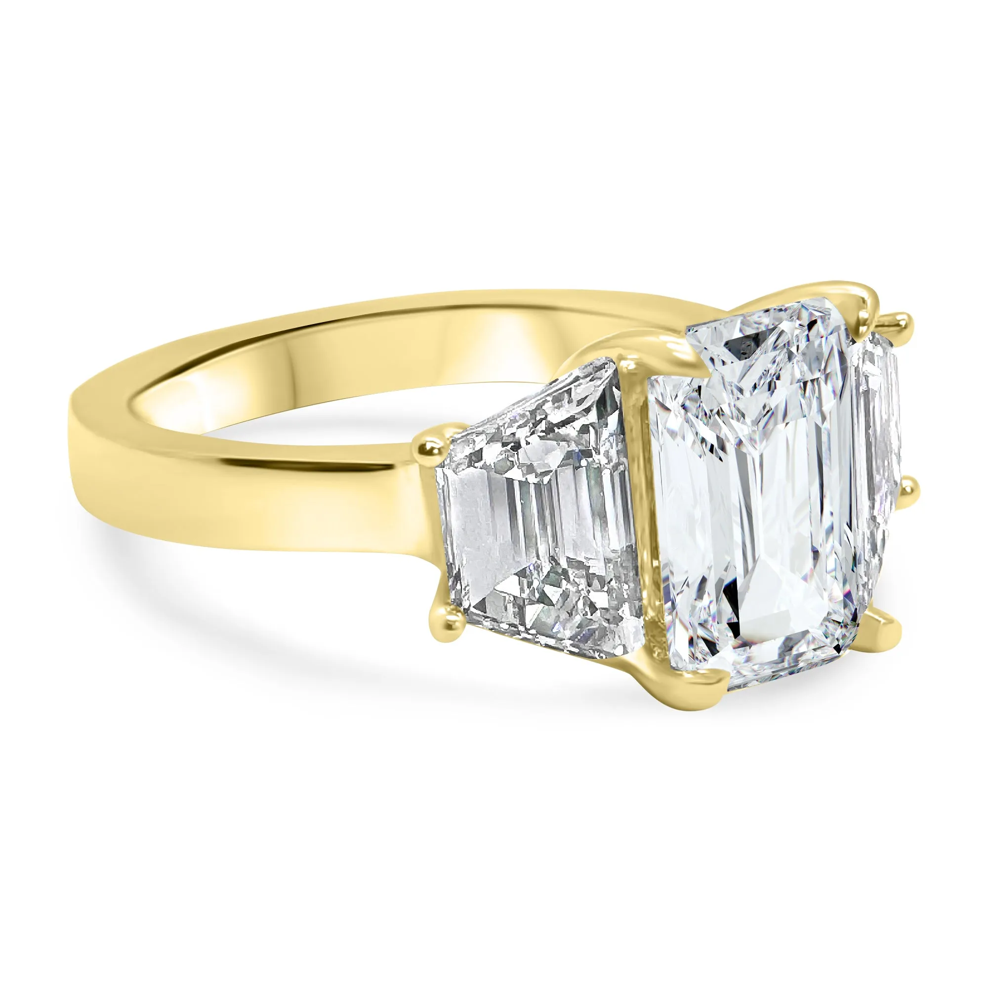 3 Carat Emerald Cut and Trapezoid Diamond 3-Stone Engagement Ring | 14k White, Rose, or Yellow Gold | IGI Certified E VS1