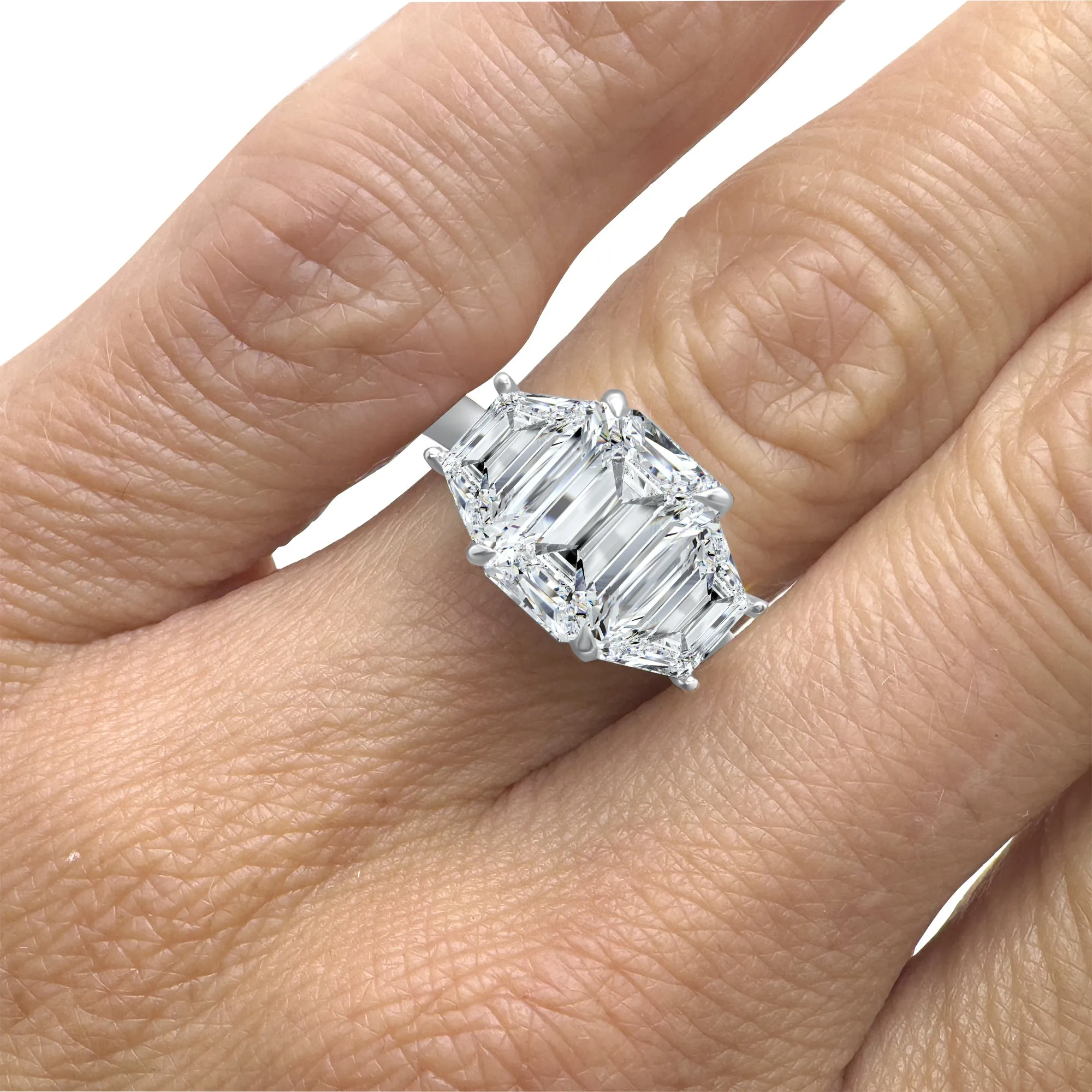 3 Carat Emerald Cut and Trapezoid Diamond 3-Stone Engagement Ring | 14k White, Rose, or Yellow Gold | IGI Certified E VS1