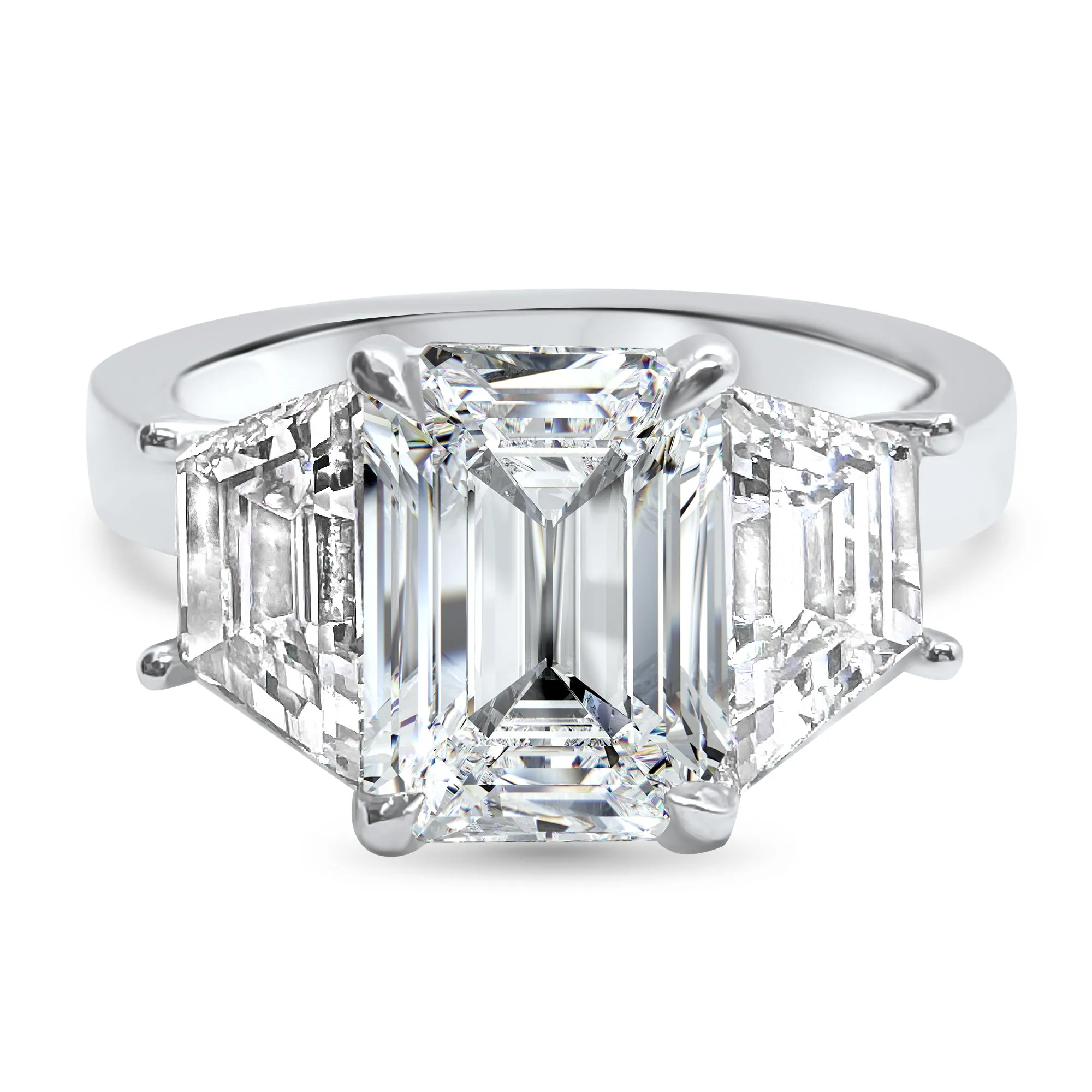 3 Carat Emerald Cut and Trapezoid Diamond 3-Stone Engagement Ring | 14k White, Rose, or Yellow Gold | IGI Certified E VS1