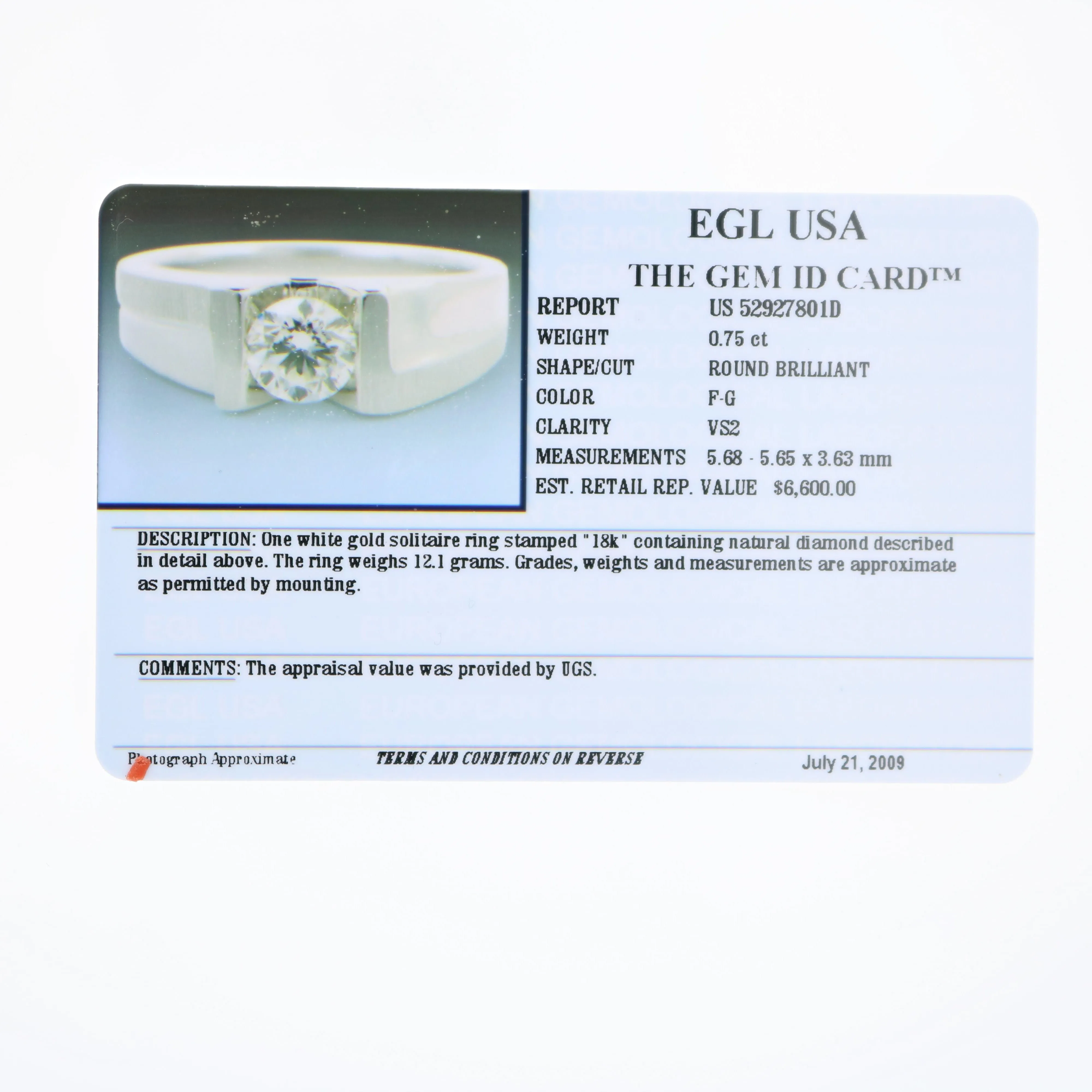 3/4 cttw Men's EGL Certified Diamond Solitaire Engagement Ring