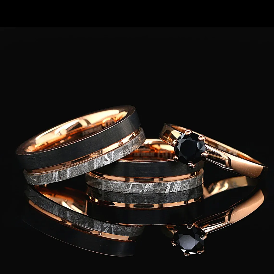 3PCs Couple Ring Set | Gold Plated Stainless Steel Engagement Ring | Natural Meteorite Wedding Bands for Him and Her | Tungsten Black & Gold Wedding Band