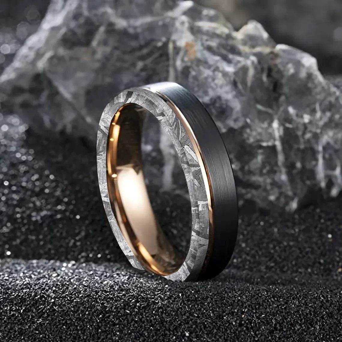 3PCs Couple Ring Set | Gold Plated Stainless Steel Engagement Ring | Natural Meteorite Wedding Bands for Him and Her | Tungsten Black & Gold Wedding Band