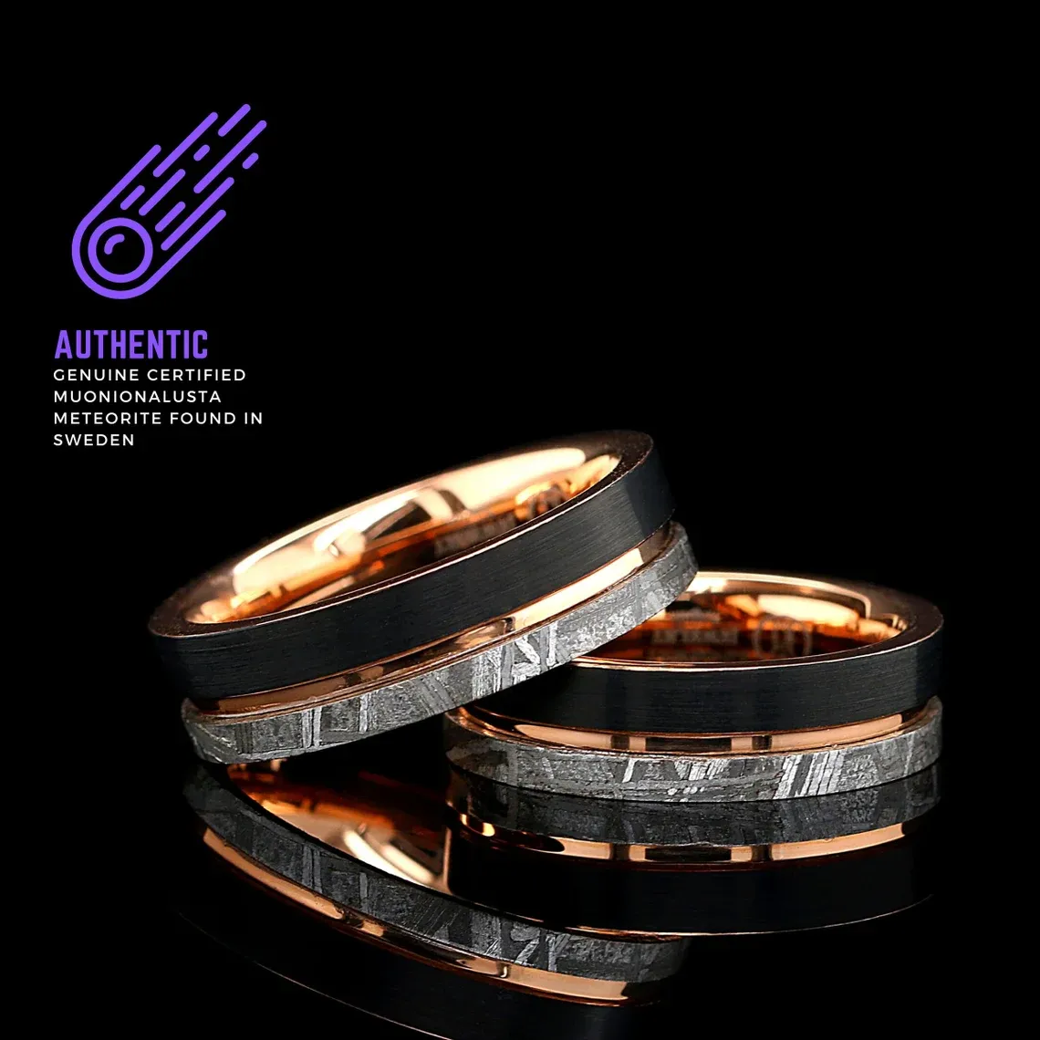 3PCs Couple Ring Set | Gold Plated Stainless Steel Engagement Ring | Natural Meteorite Wedding Bands for Him and Her | Tungsten Black & Gold Wedding Band