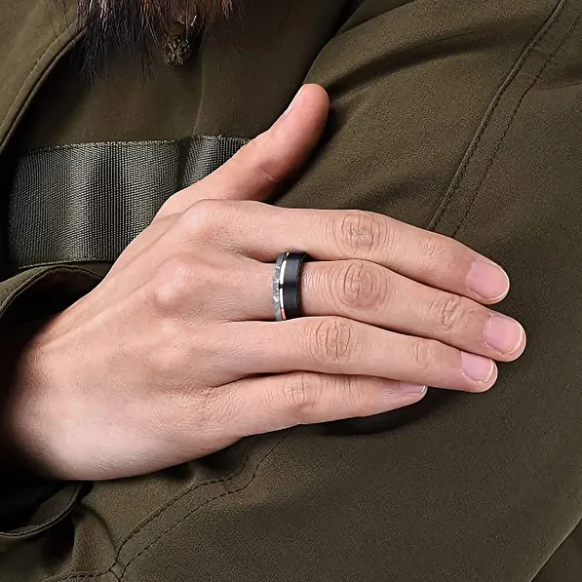 3PCs Couple Ring Set | Gold Plated Stainless Steel Engagement Ring | Natural Meteorite Wedding Bands for Him and Her | Tungsten Black & Gold Wedding Band