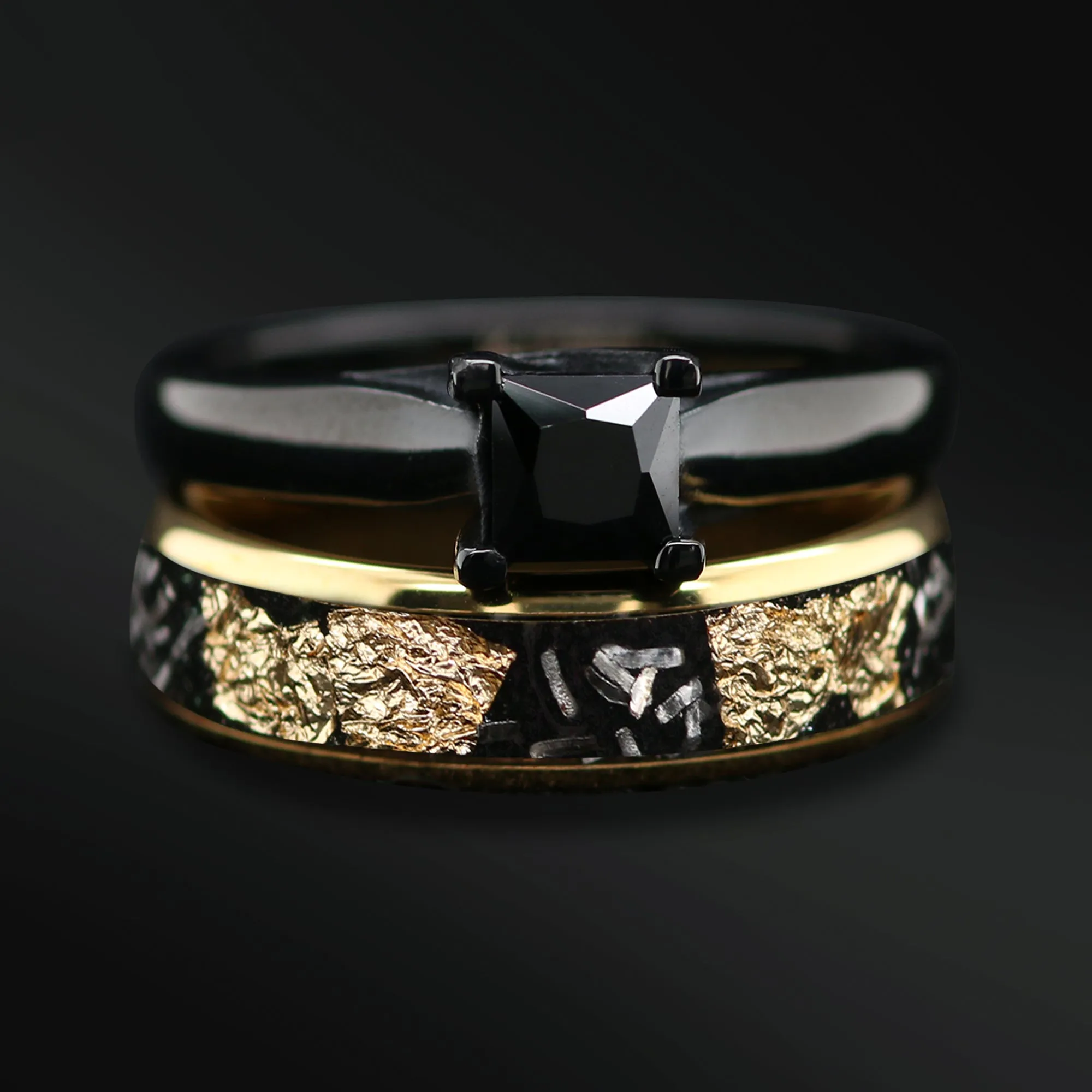 3PCS His and Hers Wedding Engagement Ring Set | Natural Spinel Engagement Ring for Her | Tungsten Wedding Bands for Him and Her | Gold Foil & Meteorite Replica