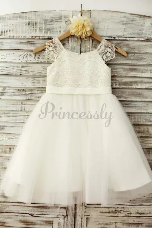 $75 SALE: Lace Cap Sleeves Ivory Tulle TUTU Flower Girl Dress
