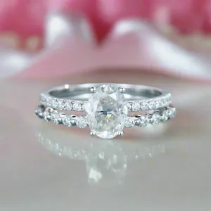 9k White Gold Oval Cut Diamond Half Eternity Wedding Ring Set