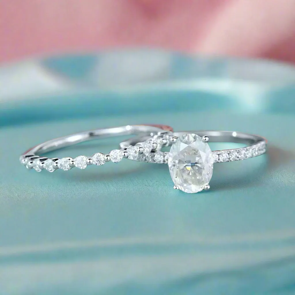 9k White Gold Oval Cut Diamond Half Eternity Wedding Ring Set