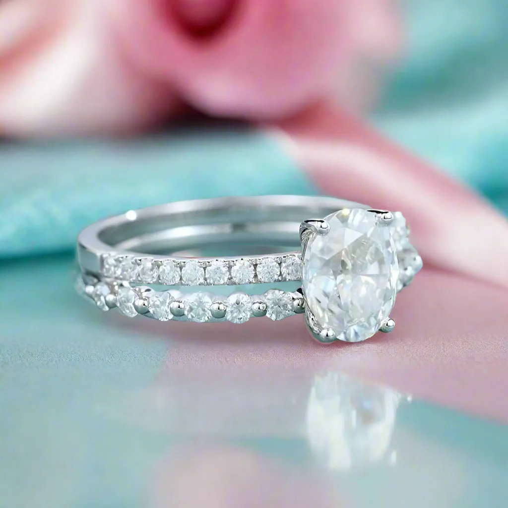 9k White Gold Oval Cut Diamond Half Eternity Wedding Ring Set
