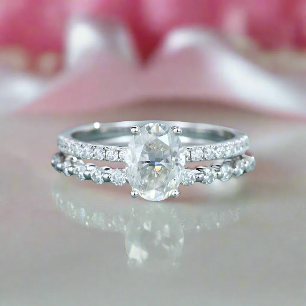 9k White Gold Oval Cut Diamond Half Eternity Wedding Ring Set