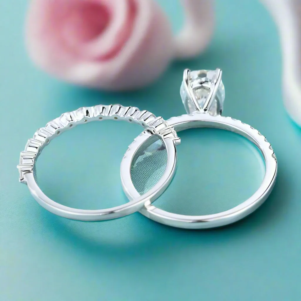 9k White Gold Oval Cut Diamond Half Eternity Wedding Ring Set