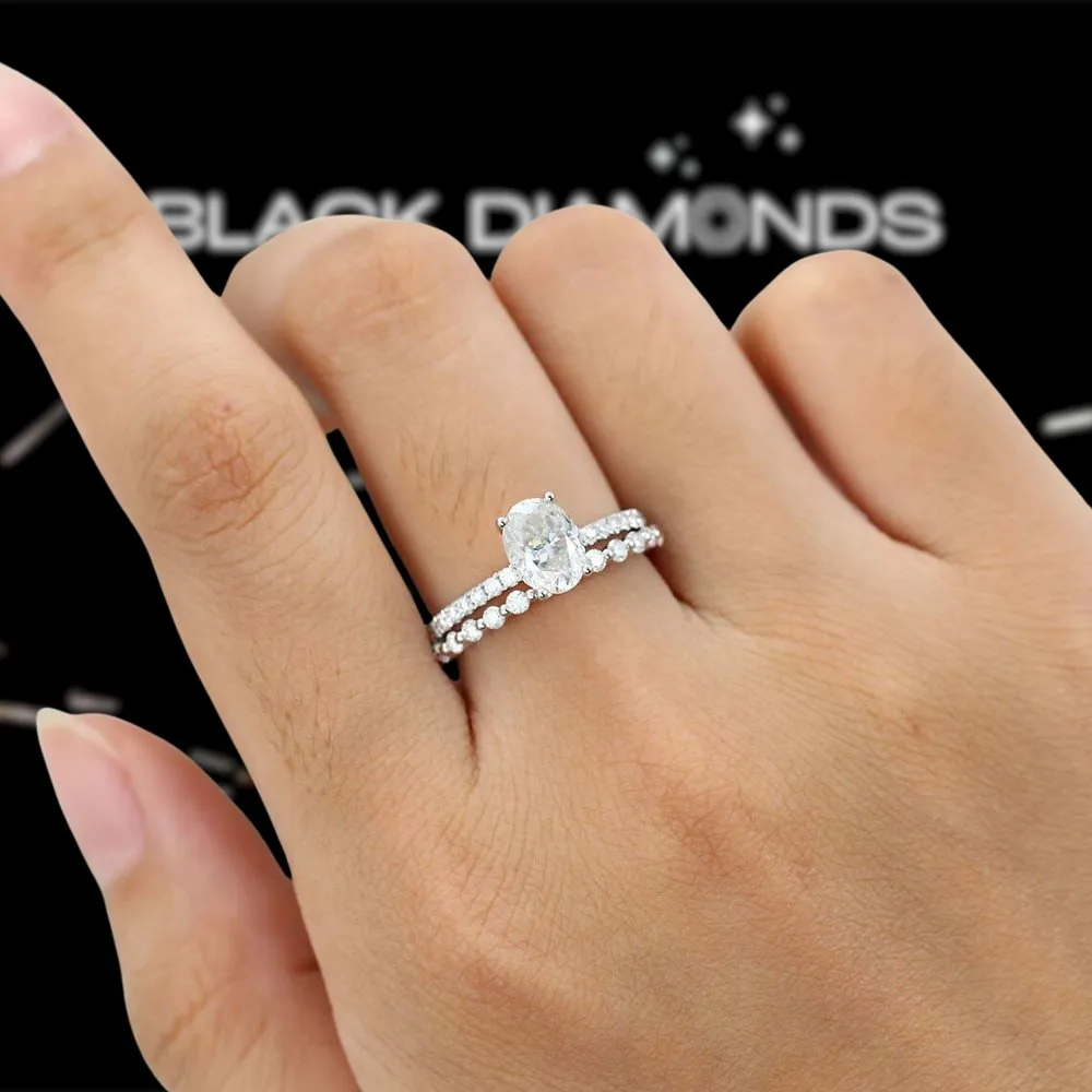 9k White Gold Oval Cut Diamond Half Eternity Wedding Ring Set