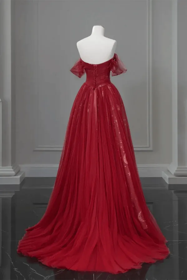 A Line Wine Red Tulle Off Shoulder Prom Dress, Tulle Party Dress APP1079