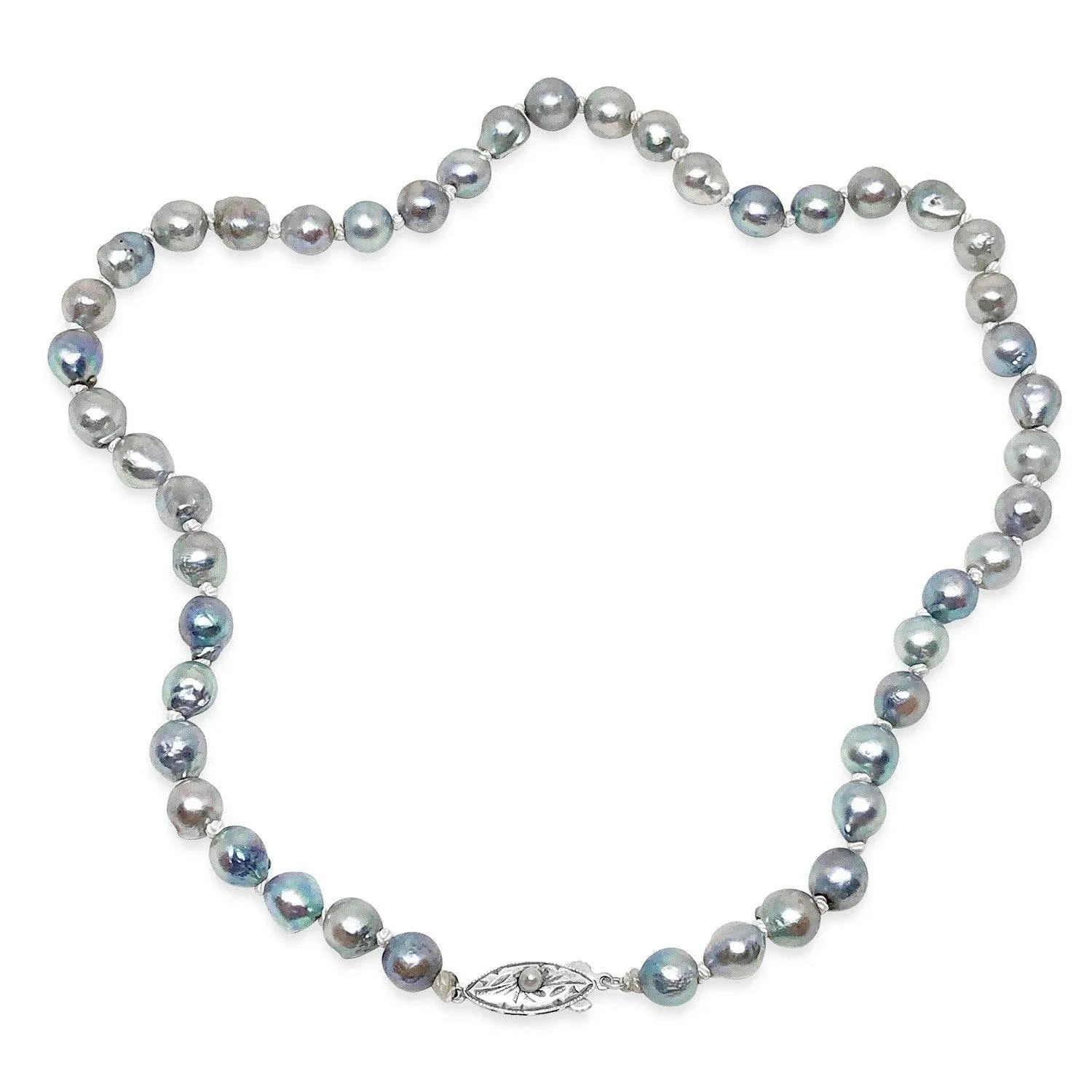 Antique Engraved Japanese Saltwater Cultured Blue Akoya Pearl Necklace - Sterling Silver 17 Inch
