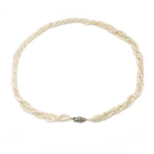 Antique Seed Pearl Torsade Diamond Cultured Pearl Strand - 14K White Gold 18 Inch