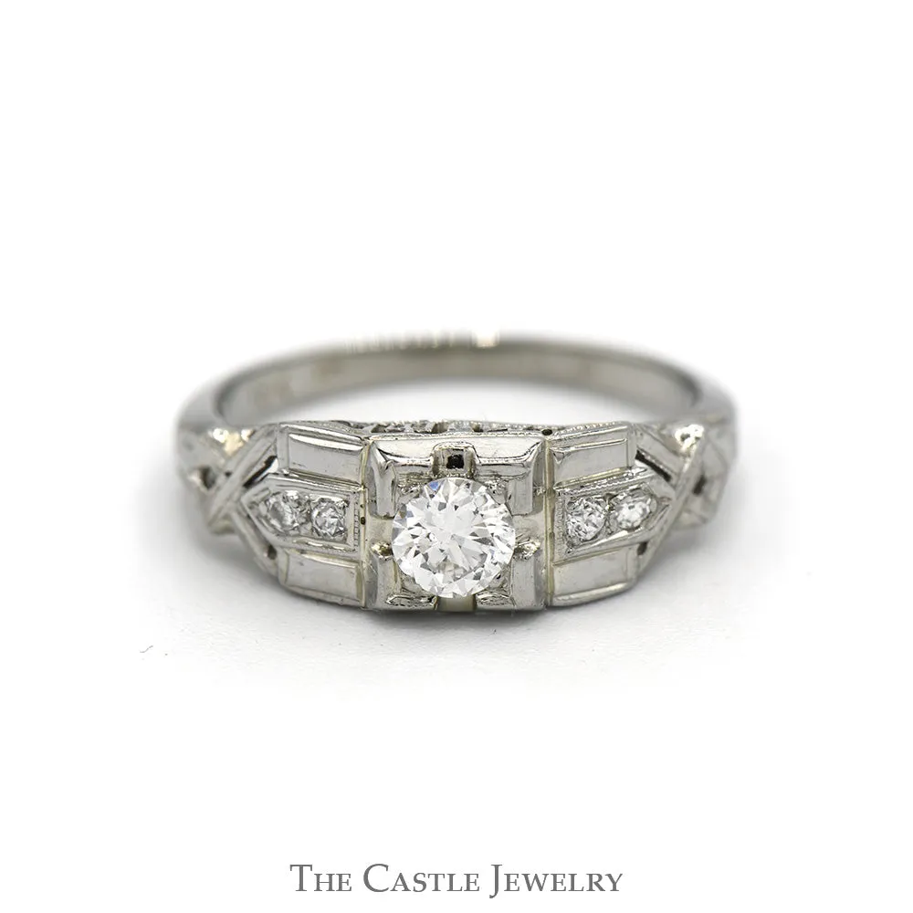 Antique Style Round Diamond Ring with Diamond Accents in 18k White Gold