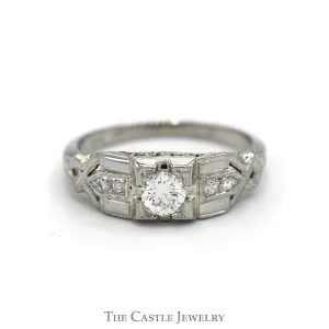 Antique Style Round Diamond Ring with Diamond Accents in 18k White Gold