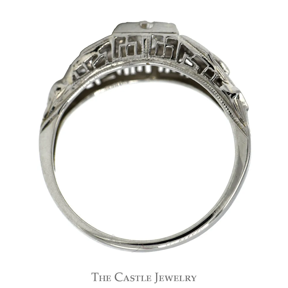 Antique Style Round Diamond Ring with Diamond Accents in 18k White Gold