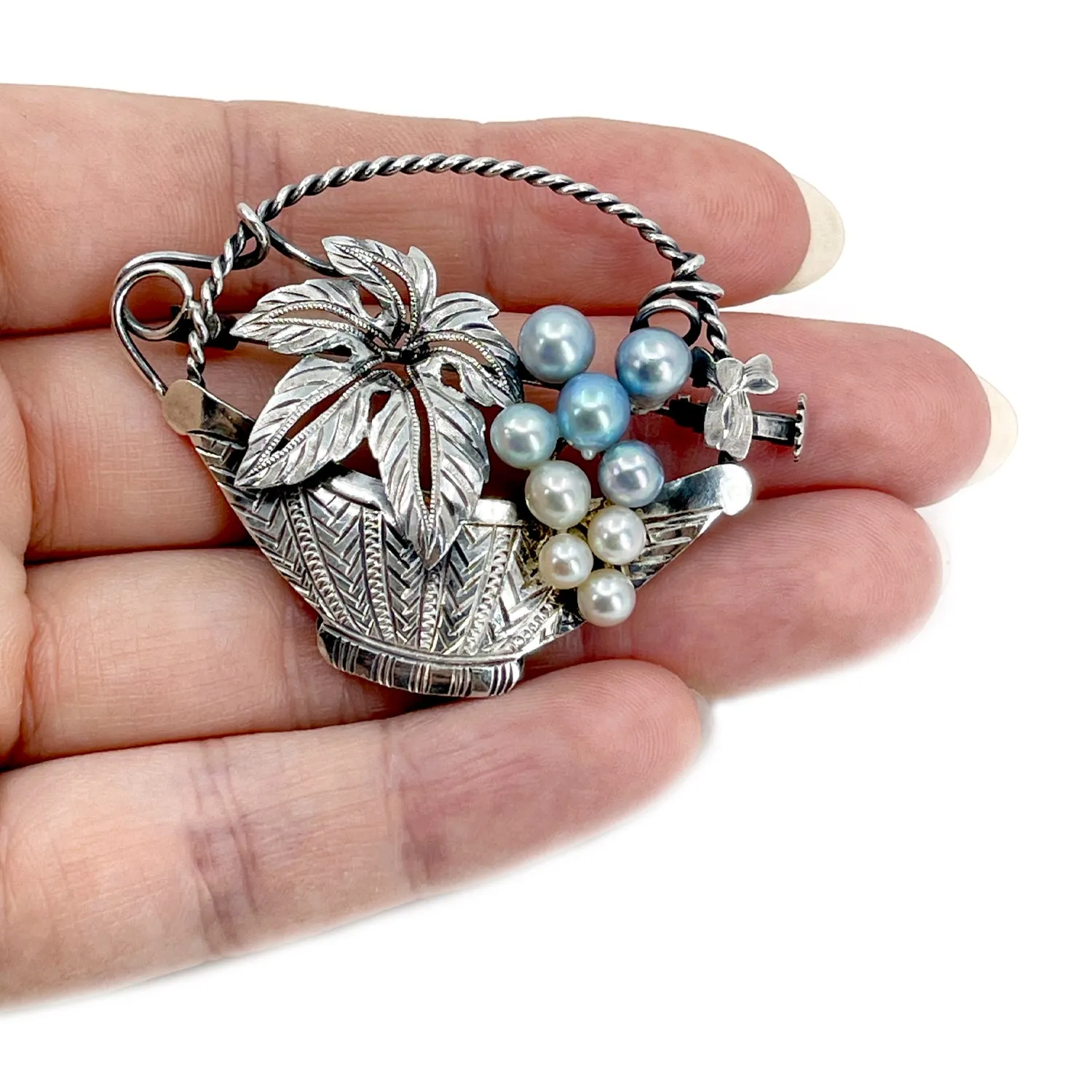 Art Nouveau Blue Japanese Saltwater Akoya Cultured Pearl Grape Basket Brooch- Sterling Silver