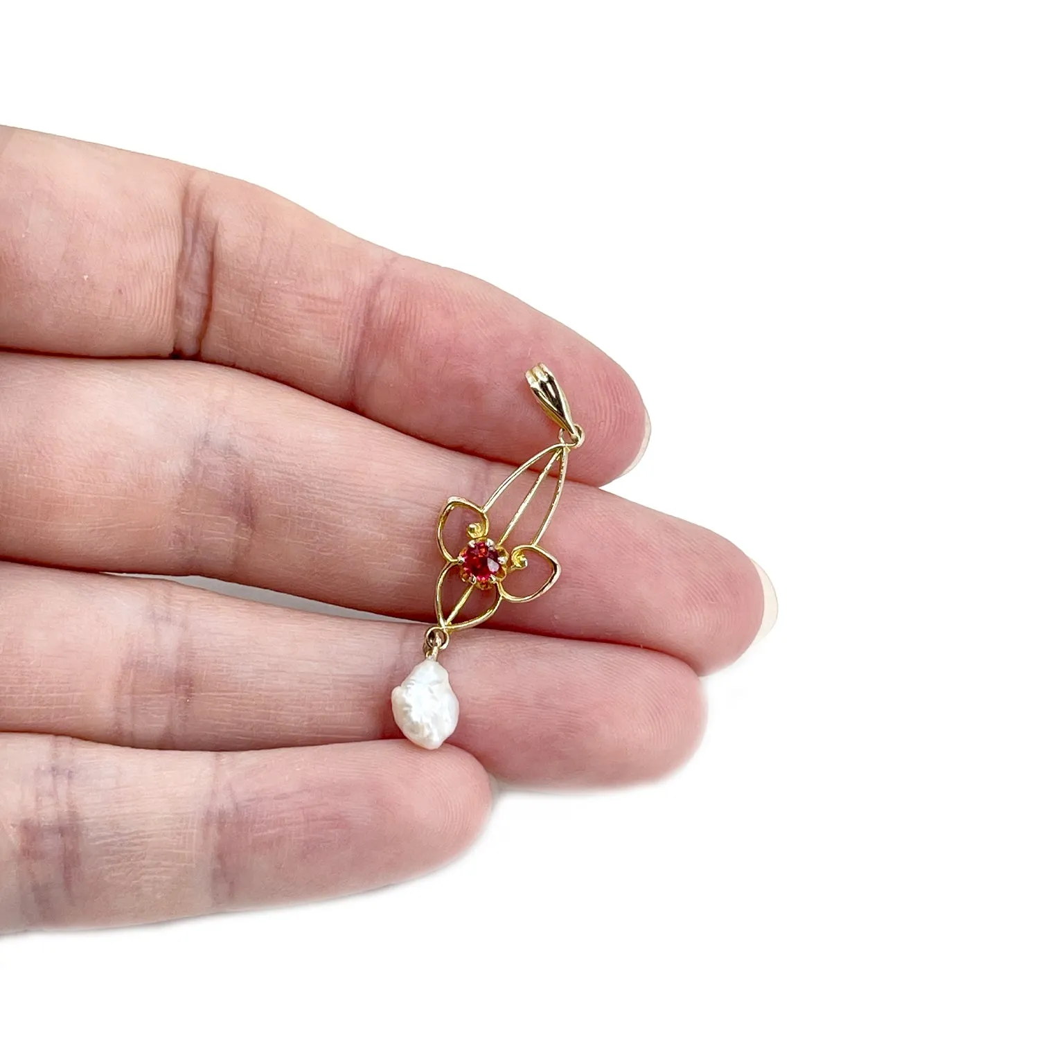 Art Nouveau Lavaliere Natural River Pearl Antique Pendant- 10K Yellow Gold