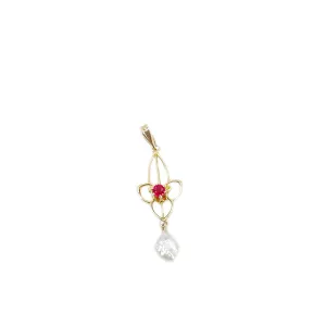 Art Nouveau Lavaliere Natural River Pearl Antique Pendant- 10K Yellow Gold