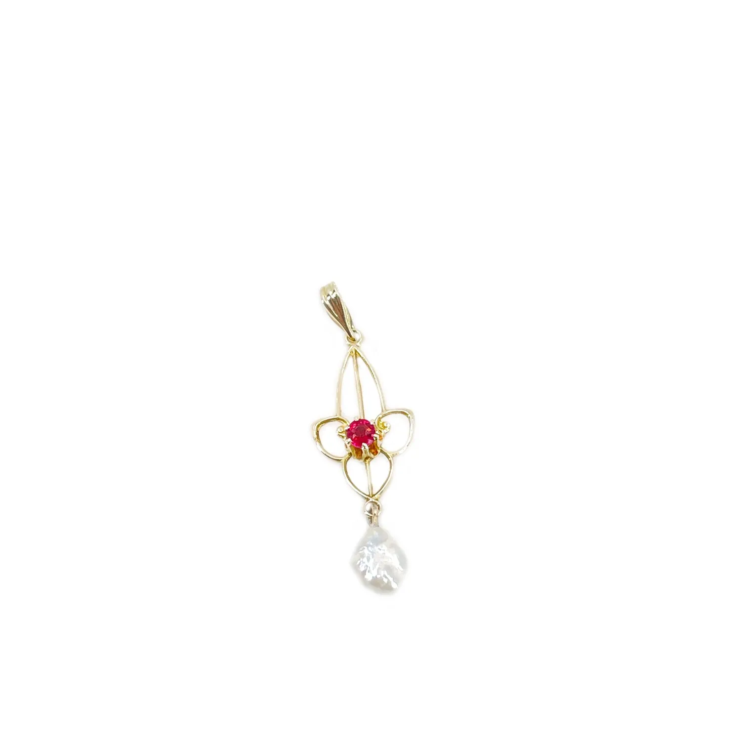 Art Nouveau Lavaliere Natural River Pearl Antique Pendant- 10K Yellow Gold