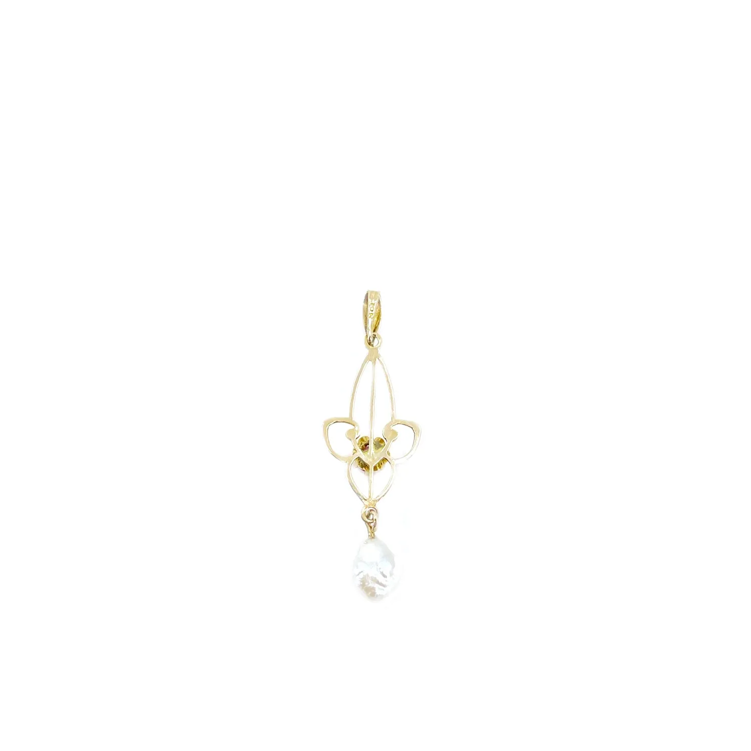 Art Nouveau Lavaliere Natural River Pearl Antique Pendant- 10K Yellow Gold