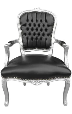 Baroque Armchair - Black Leather on Silver