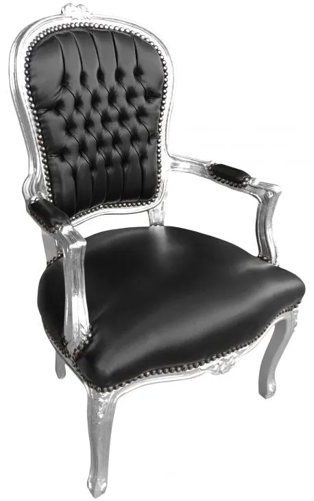 Baroque Armchair - Black Leather on Silver