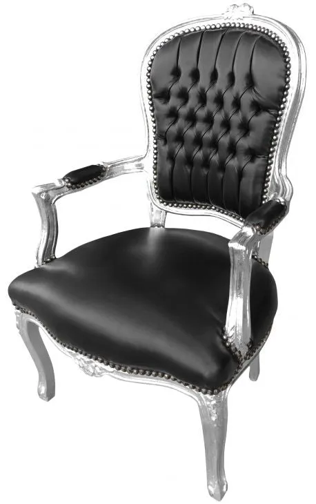 Baroque Armchair - Black Leather on Silver