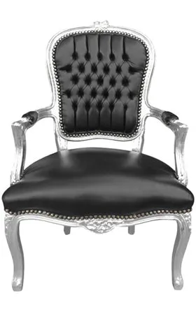 Baroque Armchair - Black Leather on Silver