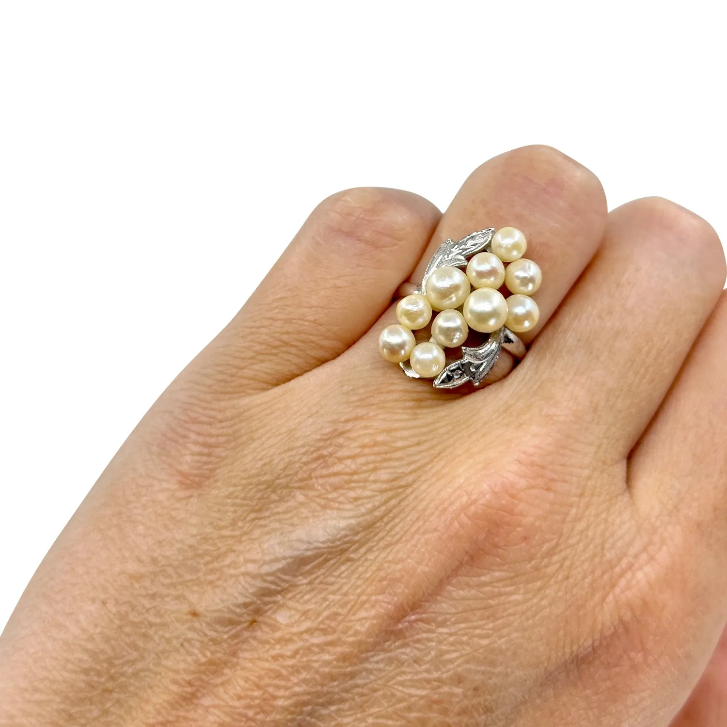 Baroque Cluster Leaf Japanese Saltwater Akoya Cultured Pearl Ring- Sterling Silver Sz 6 3/4
