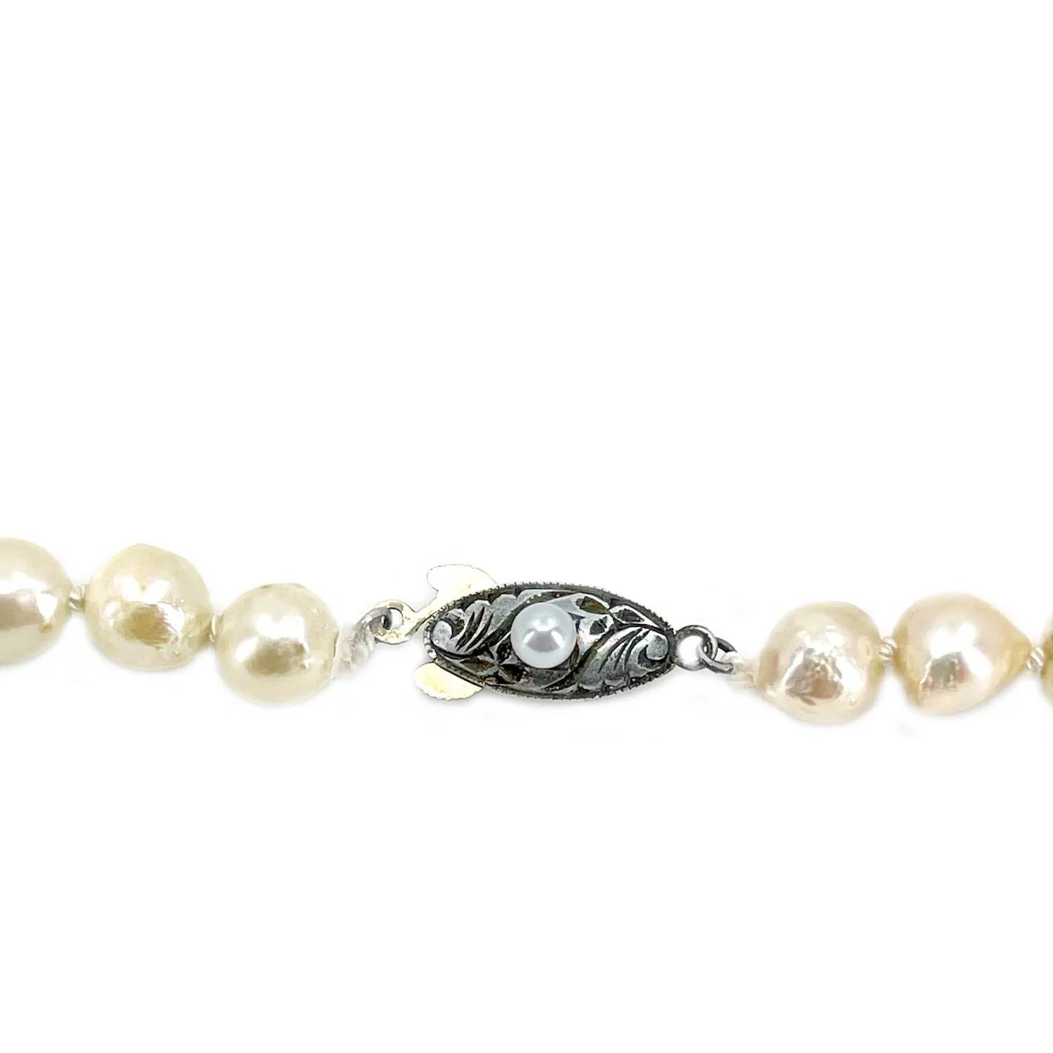 Baroque Deco Japanese Saltwater Cultured Akoya Pearl Engraved Necklace - Sterling Silver 21 Inch