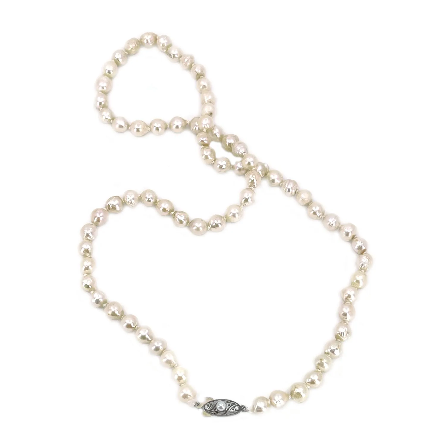Baroque Deco Japanese Saltwater Cultured Akoya Pearl Engraved Necklace - Sterling Silver 21 Inch
