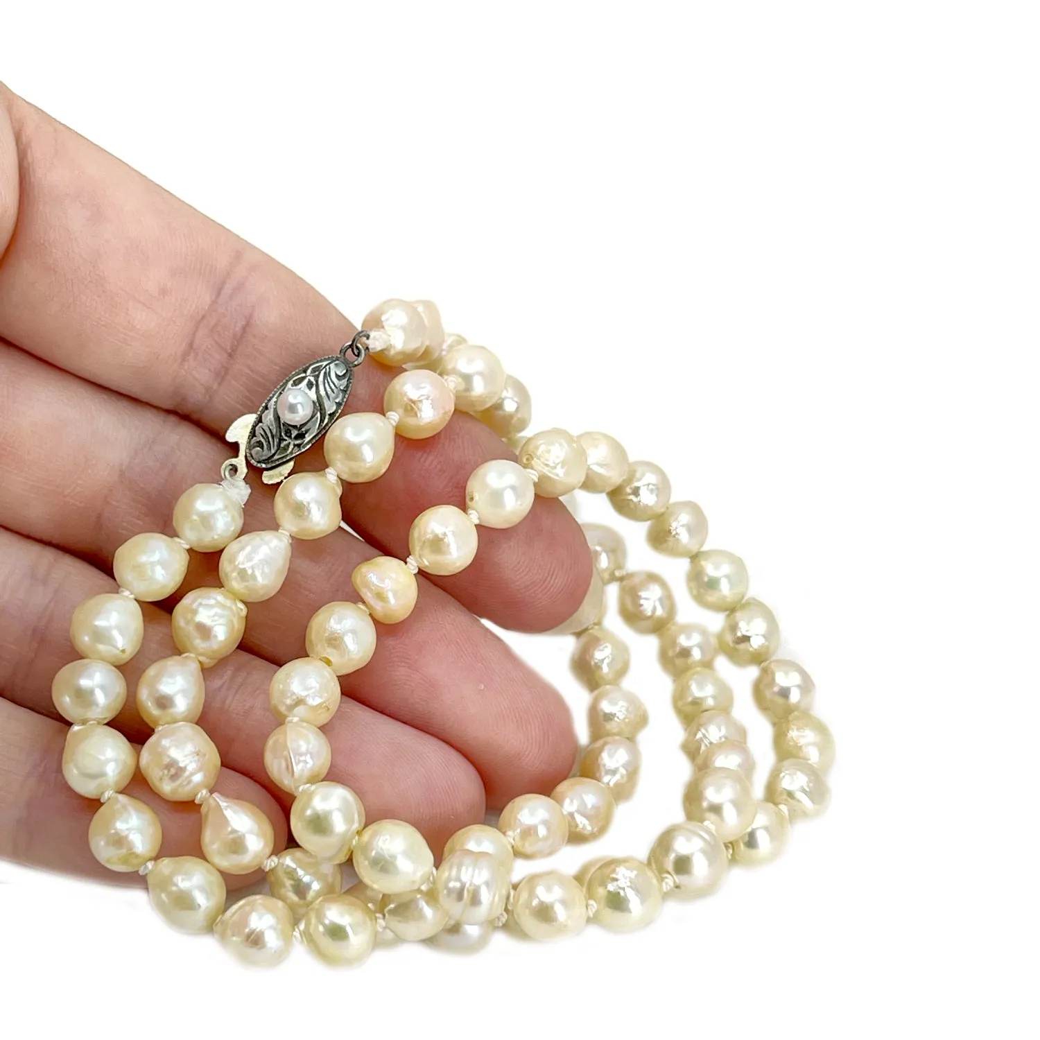 Baroque Deco Japanese Saltwater Cultured Akoya Pearl Engraved Necklace - Sterling Silver 21 Inch