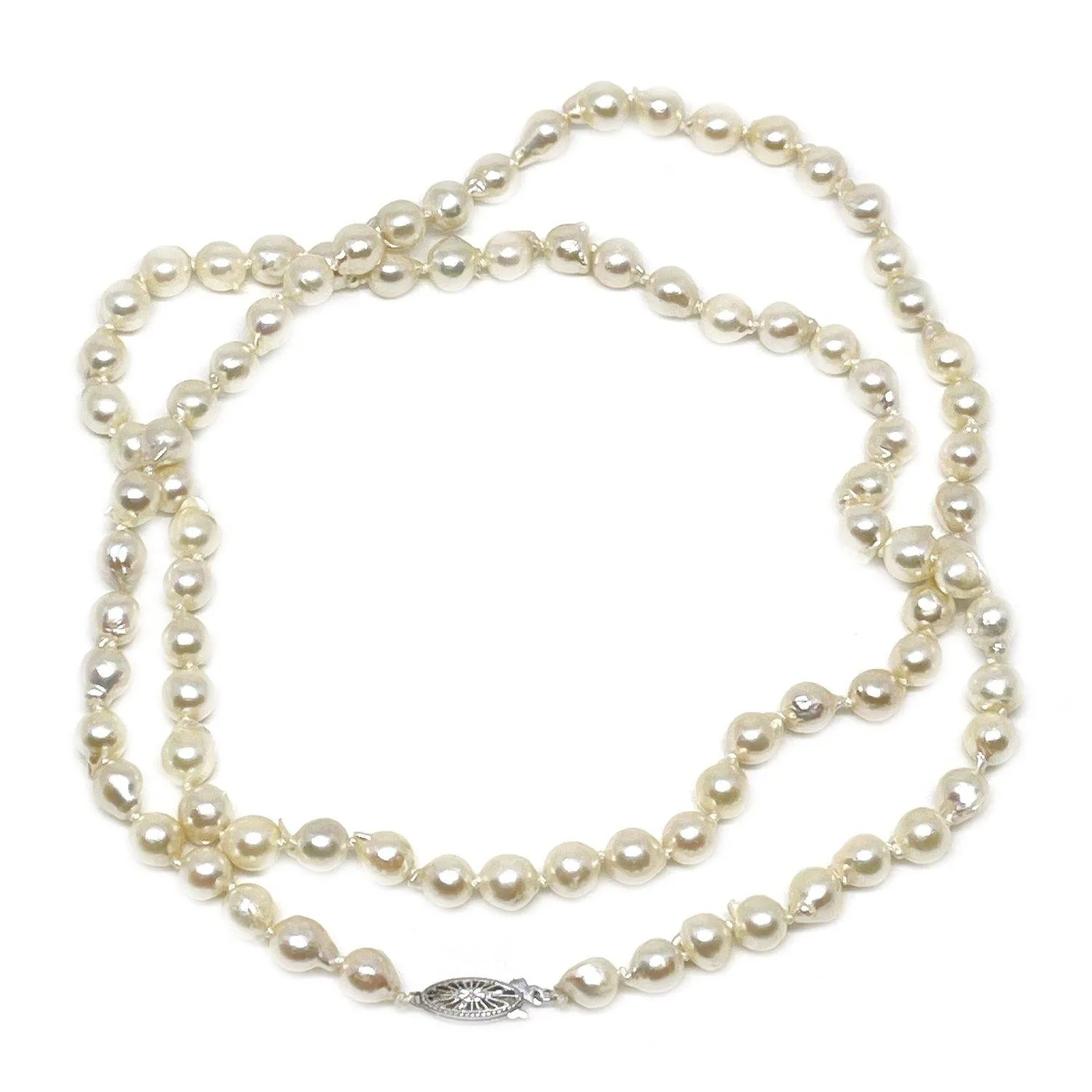 Baroque Filigree Japanese Cultured Akoya Pearl Strand - 14K White Gold 31 Inch