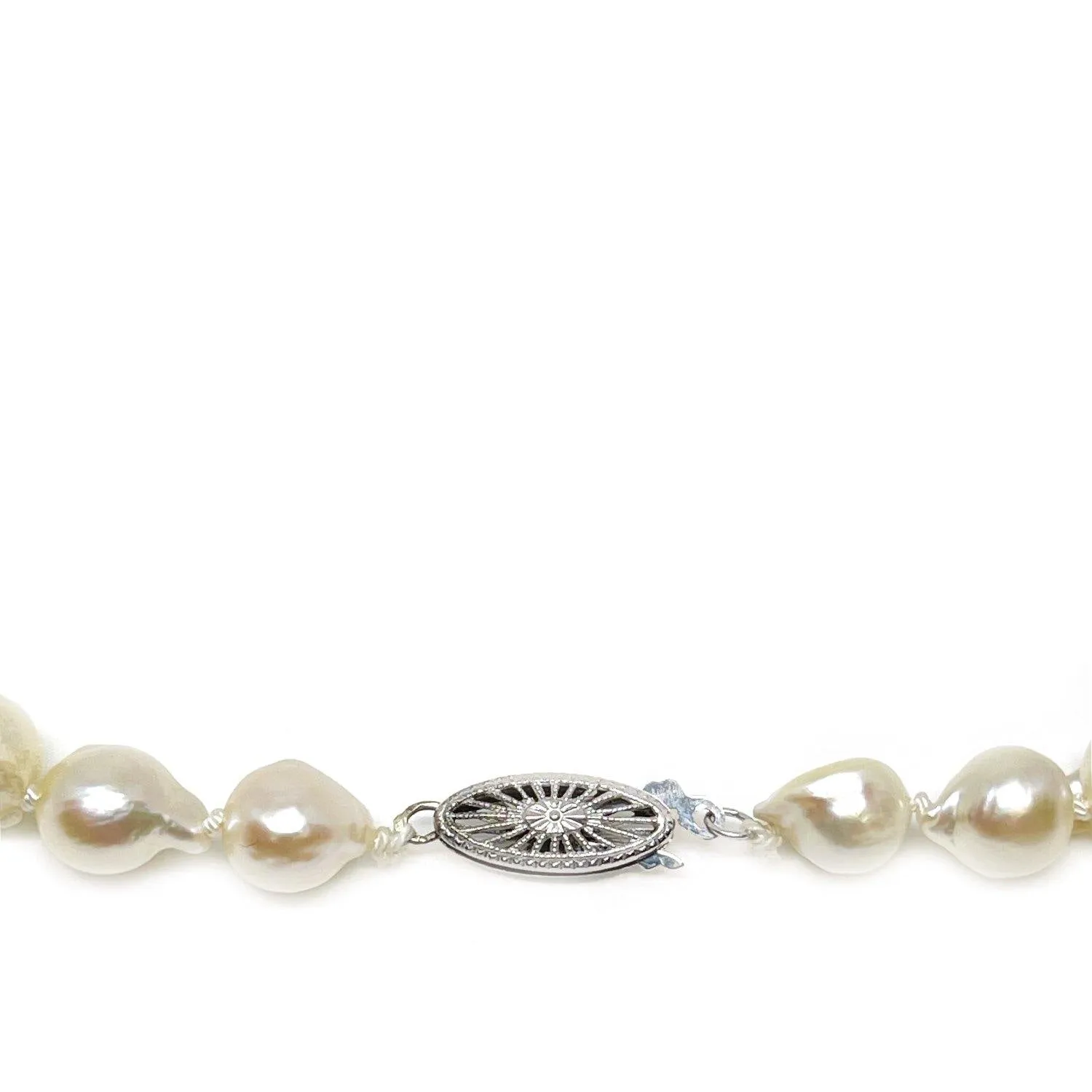 Baroque Filigree Japanese Cultured Akoya Pearl Strand - 14K White Gold 31 Inch