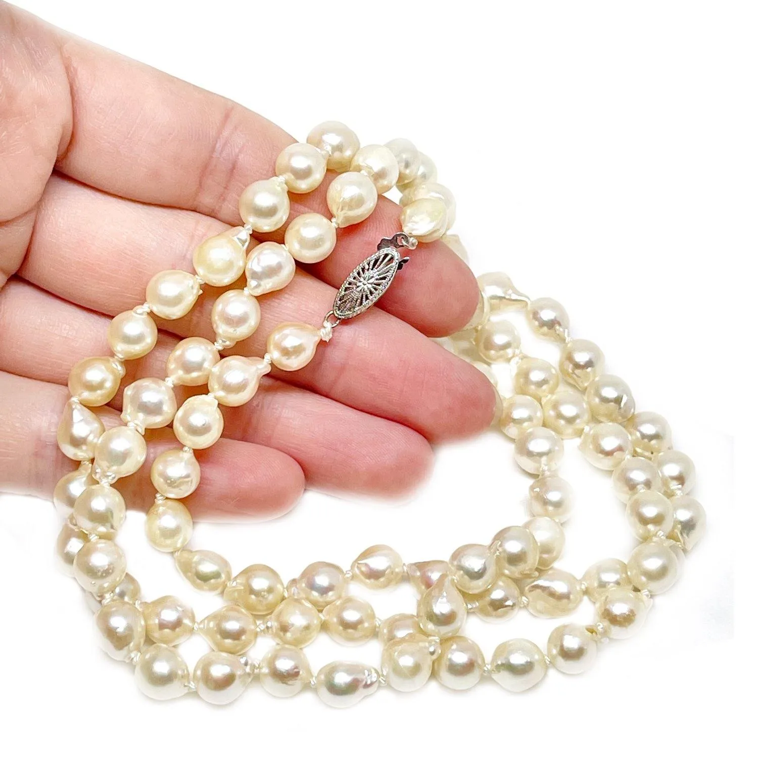 Baroque Filigree Japanese Cultured Akoya Pearl Strand - 14K White Gold 31 Inch
