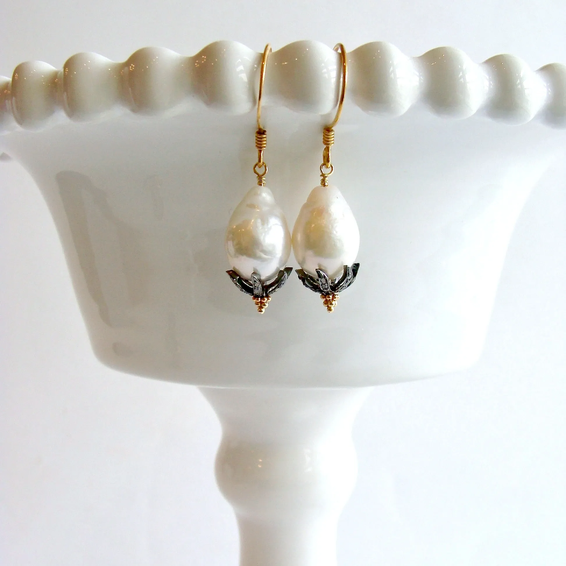 Baroque Flameball Pearls Diamond Bead Cap Earrings - Chantilly II Earrings