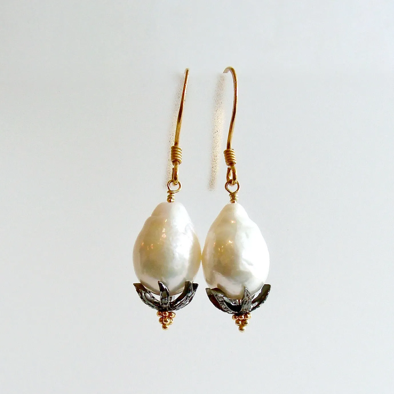 Baroque Flameball Pearls Diamond Bead Cap Earrings - Chantilly II Earrings