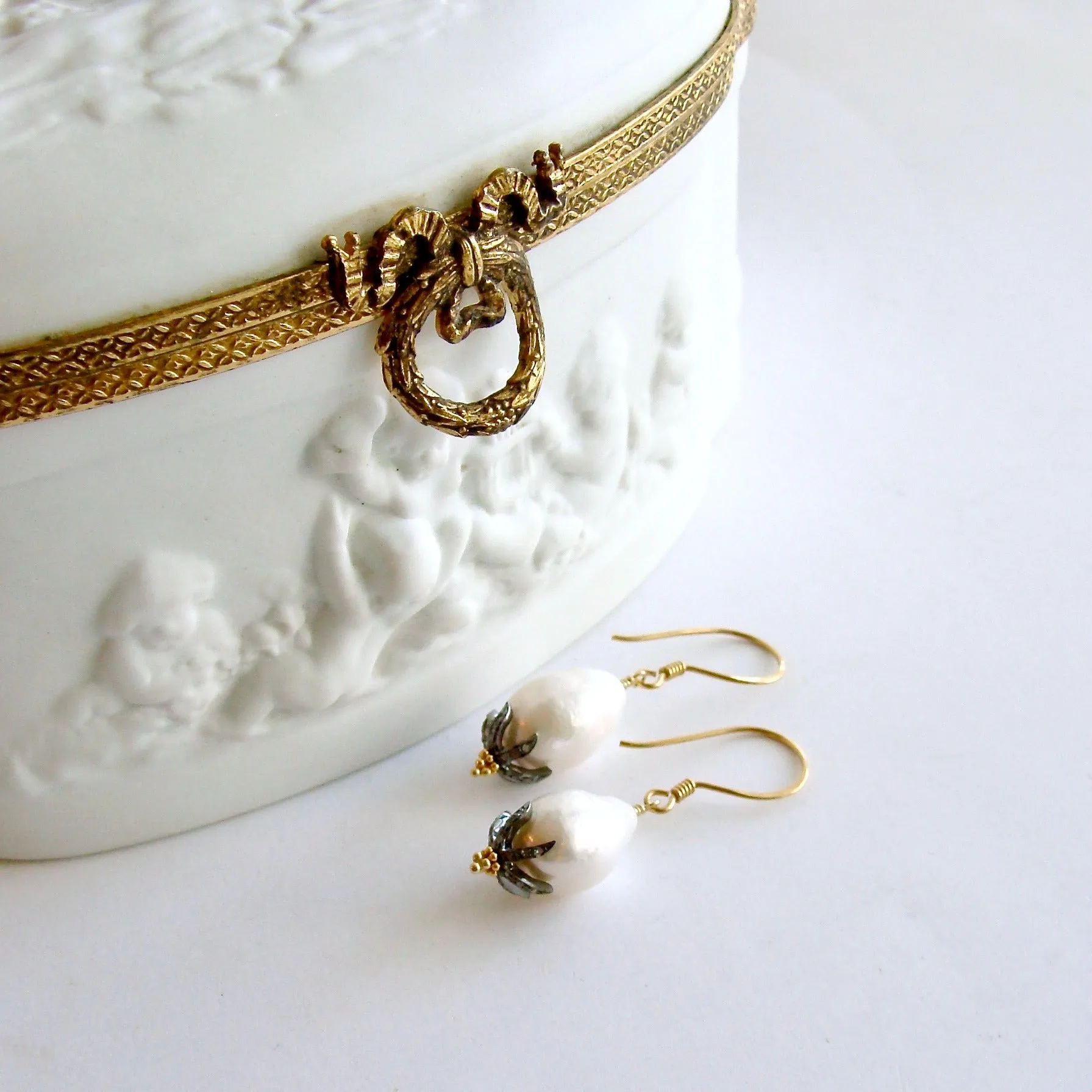 Baroque Flameball Pearls Diamond Bead Cap Earrings - Chantilly II Earrings