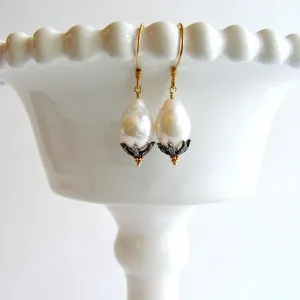 Baroque Flameball Pearls Diamond Bead Cap Earrings - Chantilly II Earrings